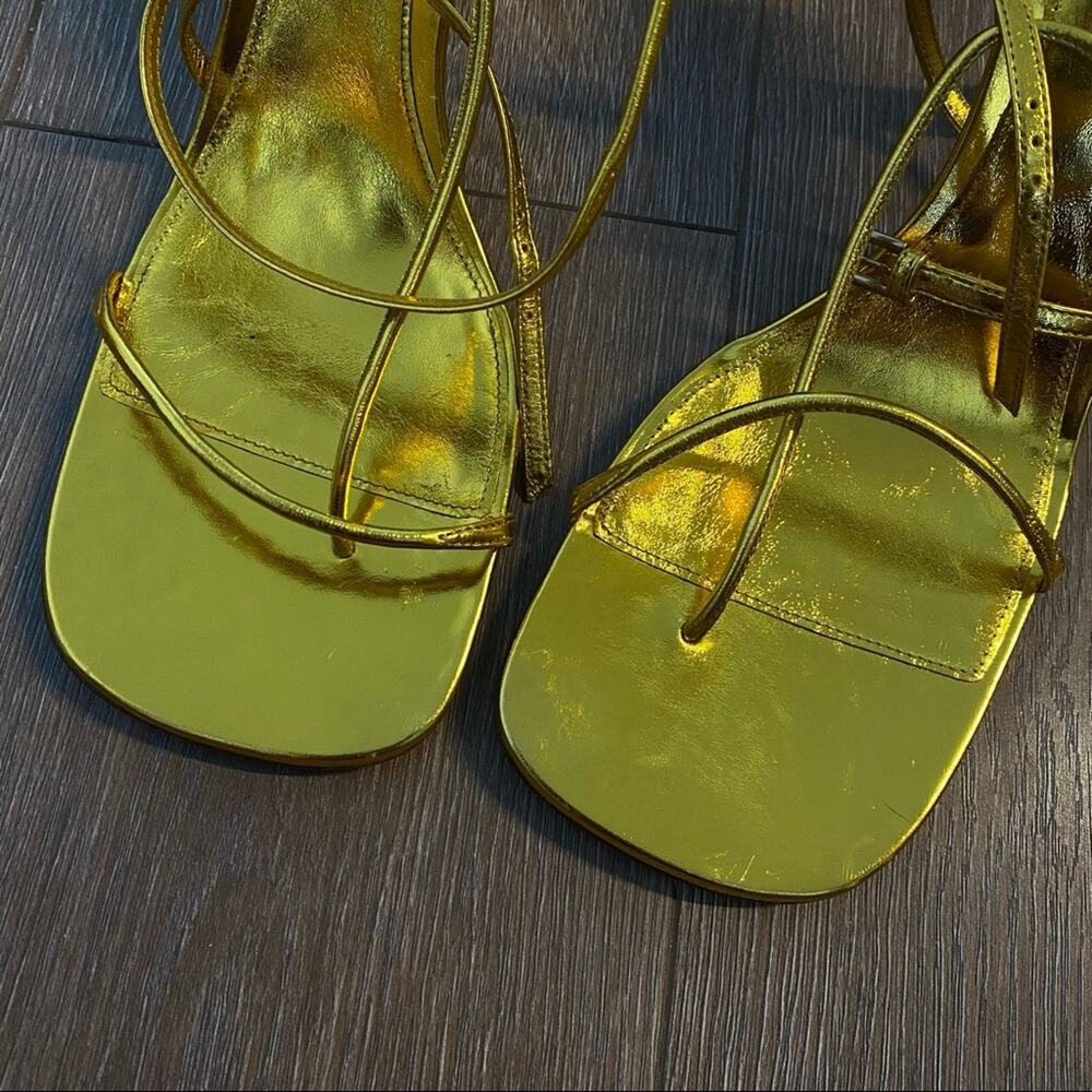 BOTTEGA VENETA Line Metallic Gold Strappy Leather Heeled Sandals - Picture 6 of 11